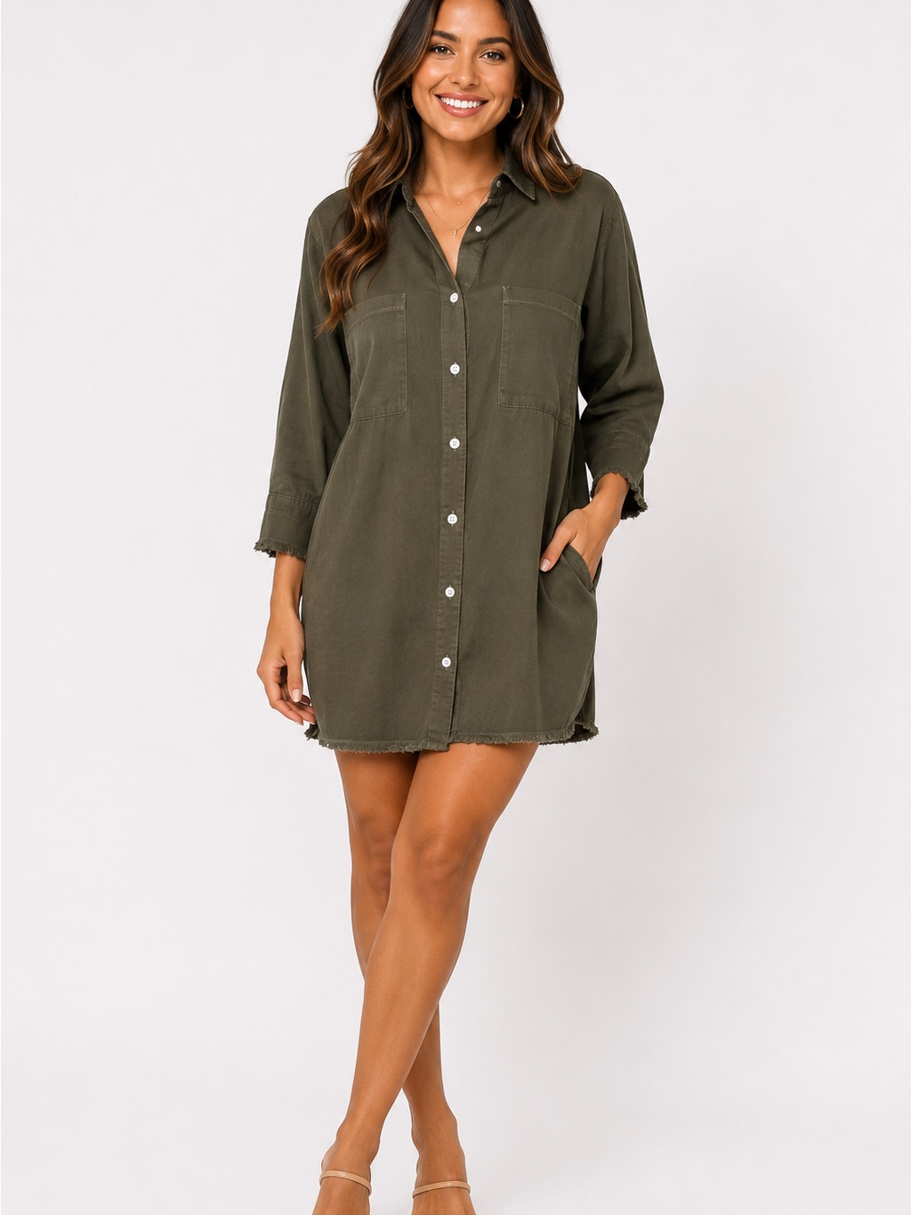 Nwt Relaxed Army Green Mini Shirt Denim Dress With Fringe Hem, Large